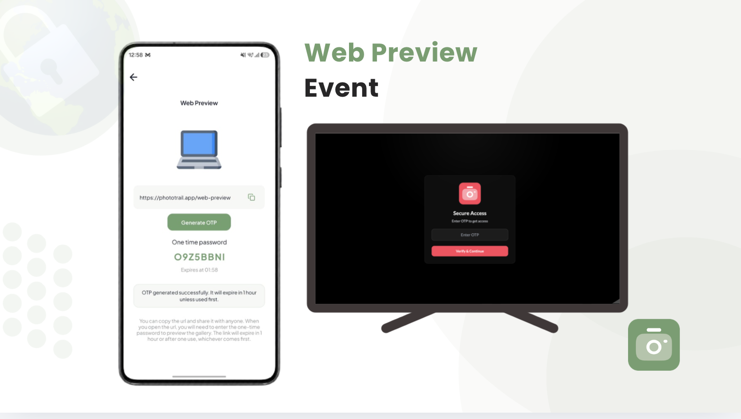 PhotoTrail walkthrough preview showing the web access screen on mobile and desktop